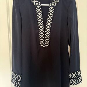 Blue and White Graphic Long Sleeve Tunic